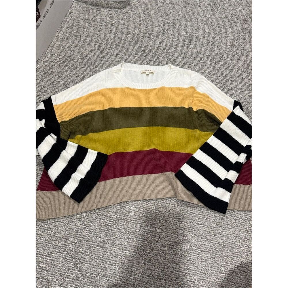 Striped Multicolor Crewneck Sweater - White, Mustard, Olive, Burgundy, Tan